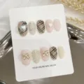 Handmade press-on fake nail art set cute sweet plaid bow heart adhesive tips 10pcs - Extra Small (XS) / 1747-Handcrafted Sweet Style (Medium Round)