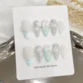 Handmade press-on nails set with 3D bows and blue plaid design reusable manicure patches. - Extra Small (XS) / 1748-Blue Plaid Bowknot (Medium Almond)