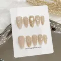 Handmade press-on nails nude gold foil pearl fake nail art reusable acrylic manicure tips - Extra Small (XS) / 1749-Medium Almond