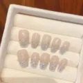 Handmade press-on nails with nude gradient silver glitter and crystal clover charms - Extra Small (XS) / 1763-Short Coffin