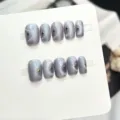Handgemachte Kuenstliche Falsche Naegel Set graues Katzenauge goldene Sterne Nageldesign - Extra Klein (XS) / Graublauer Katzenauge-Stil mit goldenem vierzackigem Stern (W484) / 10 Stück