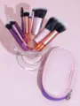 Mini makeup brush set with crystal handle and portable pink pouch for travel detail view - Brush Bag Included / Pink Purple