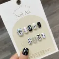 Handmade press on nails black and white set short false nail art tips chic style. - L / Black White Plaid Moon Decor (869-Short Round)