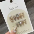Handmade press-on nails set, fairy style luxury gold glitter pearl rhinestone fake nail art patches for women - L / Gold Foil Pearl Rhinestone Luxury (867-Medium Coffin)