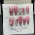 Handgemachte künstliche Fingernägel rosa Farbverlauf 3D Herzen Strasssteine Nagelkunst Set - XS / Mittellanger Sarg (70)