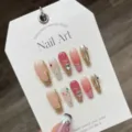 Handmade press-on nails set with pink gradient, gold foil, and crystal heart charms. - L / Pink Gold Gradient Rhinestone Heart (879-Medium Coffin)
