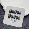 Handcrafted cat eye press on nails set, multi-color magnetic shimmer fake nail tips for daily wear. - L / Phantom Cat Eye Color Gradient (894-Extra Short Coffin)