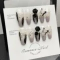 Handmade press-on nails camellia black butterfly design variant elegant false nails - Medium Long Trapezoid Style (395)