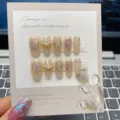 Uñas postizas hechas a mano nude purpurina perlas cadena diseño ataúd corto puntas falsas - Ataúd Corto (372)
