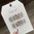 Handmade press on nails cute pink rhinestone false nail art tips set for women girls - L / Pink Heart Iridescent Rhinestone (897-Short Coffin)