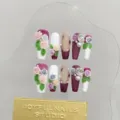 Ensemble d'ongles press-ons 3D floraux faits à la main avec perles et cristaux élégants. - Très Petit (XS) / Style Trapèze Extra Long (1560) / Dégradé Violet