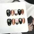 Handgemachte künstliche Nägel Set mit schwarzem Blumenmuster und kupfernem Katzenauge. - Extra Klein (XS) / Schwarz-Gold Blumen Kupferbraun Katzenauge Verlauf Stil (W454) / 10 Stück
