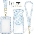 Blaues Blumen Stoff Schlüsselband mit passendem Ausweishalter und Zubehör Set. - Blaues Blumenmuster