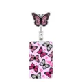 Close-up of retractable badge reel and ID card holder featuring cute pink butterfly print. - Pink Black Butterfly