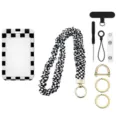 Schwarz-weiße Kariert Lanyard Set mit Karteninhaber elastischem Scrunchie Gurt und Zubehör - Schwarz-Weiß-Schachbrett-Stil