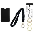 Schwarzes elastisches Stoffband mit Kartenhalter und Metall Schlüsselanhänger Set. - Schwarz