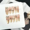 Handgemachte künstliche Fingernägel mit goldenem Cat-Eye-Verlauf, Perlen und süßem Hasen-Design. - Extra Klein (XS) / 10 Stück / Goldener Katzenauge-Hasen-Stil (W463)