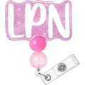 Einziehbarer Ausweishalter mit rosa Glitzer LPN Design, Krankenschwester Clip und Perlen. - LPN (Berufsbezeichnung) / 3,2 cm Durchmesser / Rosa