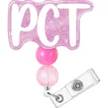 Einziehbarer Krankenschwester-Ausweishalter mit rosa Glitzer-Acryl und Perlen für Karten. - PCT (Berufsbezeichnung) / 3,2 cm Durchmesser / Rosa