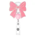 Pink bow badge reel with glitter finish, cute beaded retractable ID badge holder for office school. - Style 1