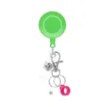 Retractable badge reel with green housing, metal lobster clasp and pink silicone pen loop holder. - Green