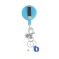 Blue retractable badge reel with metal clip, lobster clasp, and silicone pen holder. - Blue