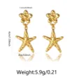 Detail view of golden starfish and flower stainless steel earrings, highlighting exquisite texture. - Starfish Flower Style (FYD6074EH)
