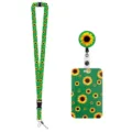 Sunflower Lanyard Badge Holder Set Retractable Reel Office ID Card Case Green Pattern - Green
