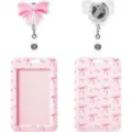 Pink bow ID badge holder with retractable reel and cute ribbon pattern for office staff - Vertical / Pink