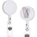 White retractable badge reel with metal belt clip and clear ID card holder strap. - White Rotating Back Clamp
