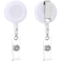 White retractable badge reel with metal clip and clear ID strap for office and school use. - White Belt Clip