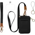 Schwarzes PU-Leder Ausweishalter Lanyard Set mit Handschlaufe und praktischem Handyanhänger. - Schwarz