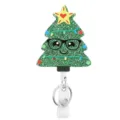 Christmas tree retractable badge reel with green glitter, cute glasses and metal key ring loop. - Christmas Tree