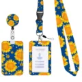 Blaues Sonnenblumen Druck Lanyard Ausweishalter Set mit Rolle und Kartenhülle für Büroarbeit. - Blauer Sonnenblumen-Stil / 2er Set
