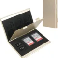 Gold aluminum memory card case holder for SD and TF storage cards with foam interior. - Gold
