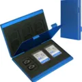 Blue aluminum memory card case with foam slot, durable storage box for SD and TF cards. - Blue