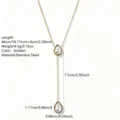 Stainless steel Y-shaped necklace with dual teardrop pendants, elegant golden clavicle chain. - Waterdrop Pendant (RT163XL) / White (RT163XL-white)