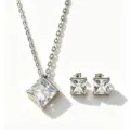 Silver stainless steel square cubic zirconia necklace and matching stud earrings set. - Square Necklace Earrings Set (RT140EH-1+RT140XL-1)