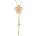 Stainless steel flower pendant necklace with white oil drop and long tassel chain design detail. - White