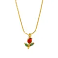 Gold-plated red flower pendant necklace with green leaves, delicate dainty jewelry gift. - Red