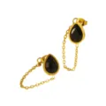 Gold stainless steel teardrop chain earrings with black stone elegant jewelry design. - Teardrop Chain Earrings (RT286EH) / Black