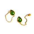 Gold teardrop green crystal chain earrings, elegant stainless steel ear jacket jewelry style. - Teardrop Chain Earrings (RT286EH) / Green