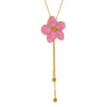Gold stainless steel pink enamel flower pendant necklace with elegant y-chain drops and beads. - Pink