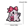 Cute Halloween ghost embroidered patch with pink bow and pumpkin cup, DIY clothing decor. - Ghost Style (PE19752CT)