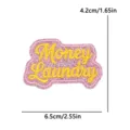 Pink glitter embroidered patch with yellow letters, DIY decorative badge for hats and clothes. - MONEY LAUNDRY Slogan (PE18036CT)