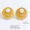 Gold stainless steel domed pearl earrings, vintage textured shell design for daily wear. - Sun Shell Pearl Style (FYD6105)