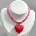 Pink braided rope necklace with glossy red heart pendant, stylish DIY fashion jewelry for women. - B01 Finished Necklace / Pink and White Cord with Red Heart