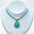 Turquoise Carved Teardrop Pendant Necklace Blue Woven Cord Gold Accent Fashion Jewelry - Pendant With Chain / Turquoise