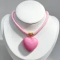 Pink woven rope statement necklace featuring glossy pink heart pendant fashion jewelry piece - B10 Finished Necklace / Pink Cord with Pink Heart