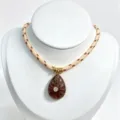 Natural crystal teardrop pendant necklace with woven cord and zircon stone detail. - Pendant With Chain / Beige